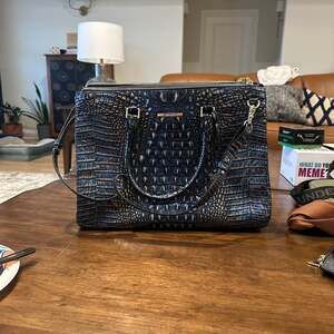 Brahmin Navy Blue Croc-Embossed Leather Satchel Bag — Large Zip Tote